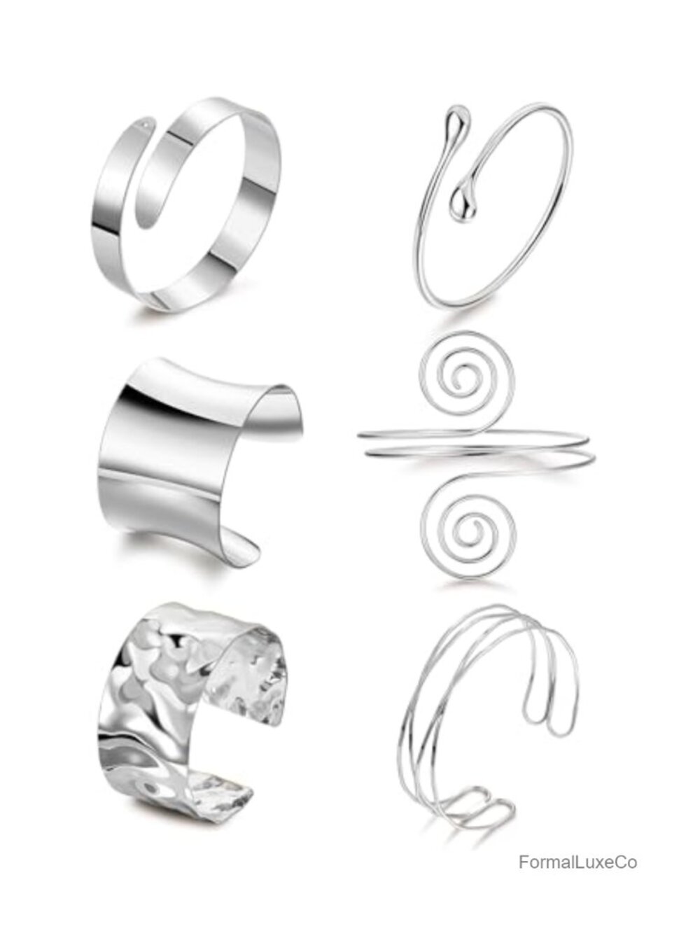 6 Arm Cuff & Bangle Bracelets Set Chunky Coil Wire Open Wide Statement Cuff